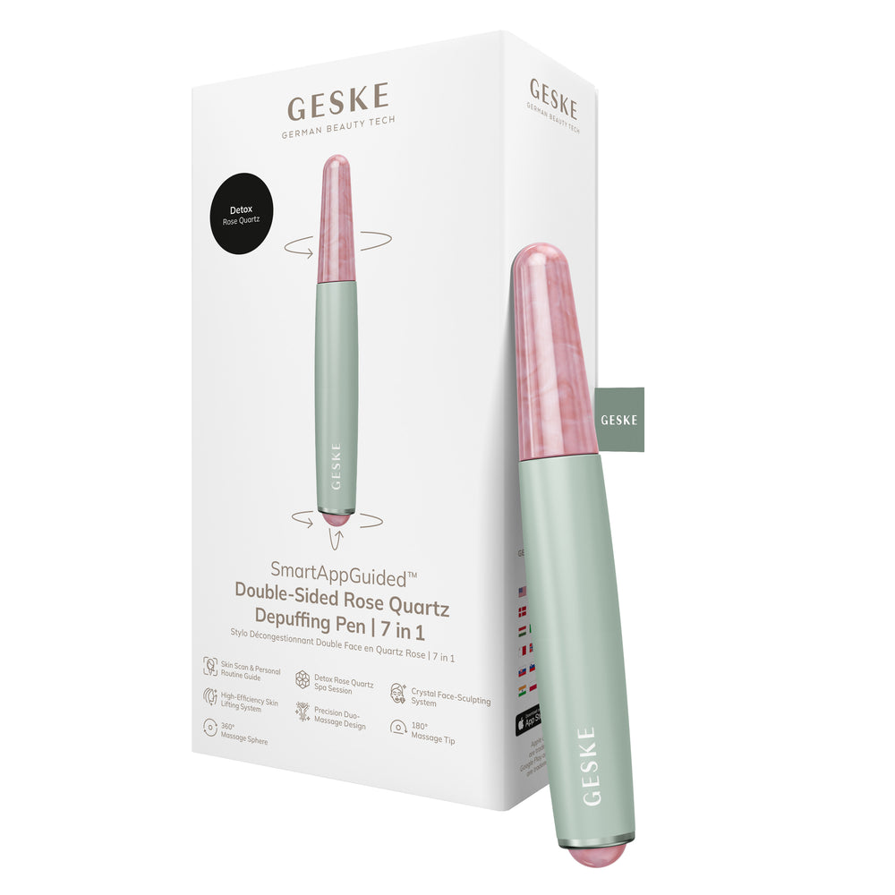 Ручка-масажер для обличчя з рожевим кварцом GESKE SmartAppGuided Double-Sided Rose Quartz Depuffing Pen 7в1 green