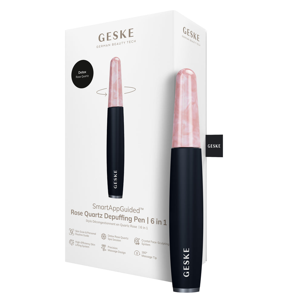 Ручка-масажер для обличчя з рожевим кварцом GESKE SmartAppGuided Rose Quartz & Depuffing Pen 6in1 black