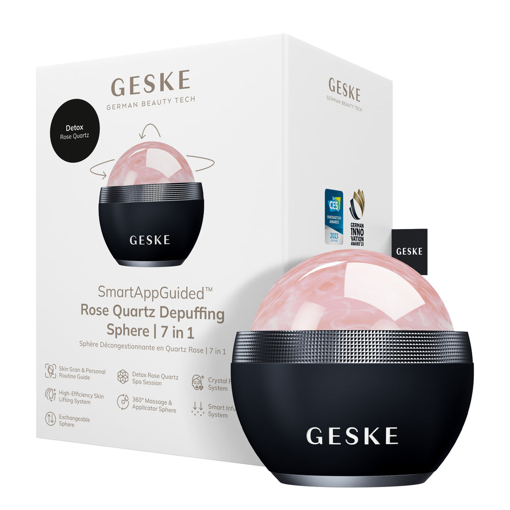 Кульковий масажер з рожевим кварцом GESKE SmartAppGuided Rose Quartz Depuffing Sphere 7in1 black