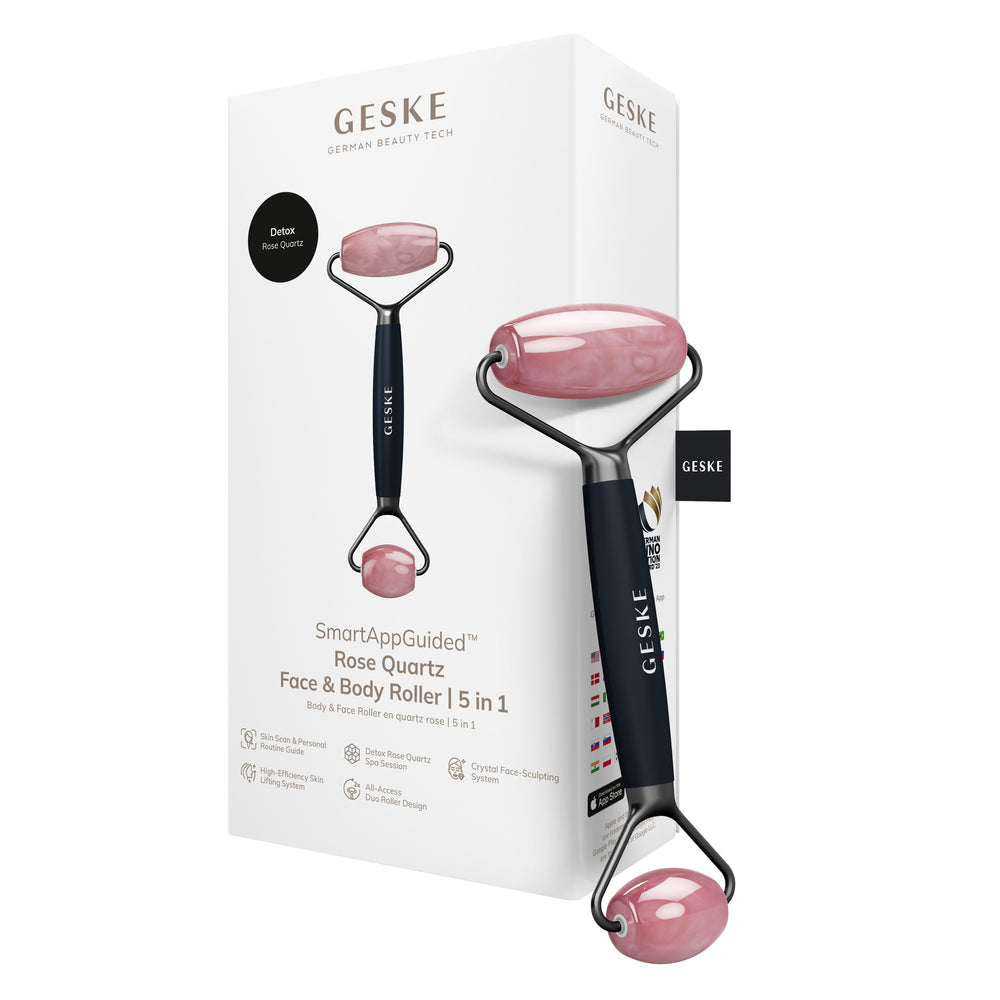 Ролер-масажер для обличчя та тіла з рожевим кварцом GESKE SmartAppGuided Rose Quartz Face & Body Roller 5in1 black