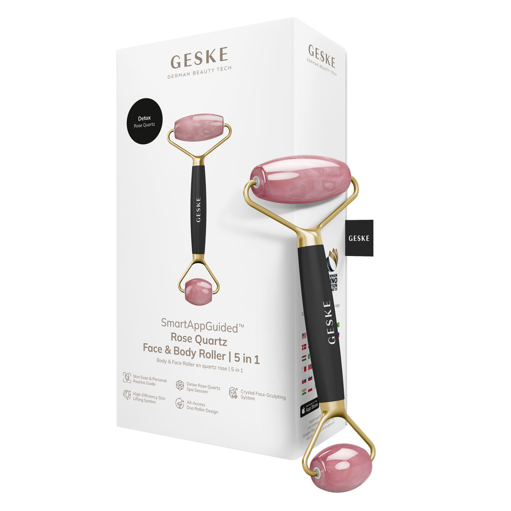 Ролер-масажер для обличчя та тіла з рожевим кварцом GESKE SmartAppGuided Rose Quartz Face & Body Roller 5in1 gray