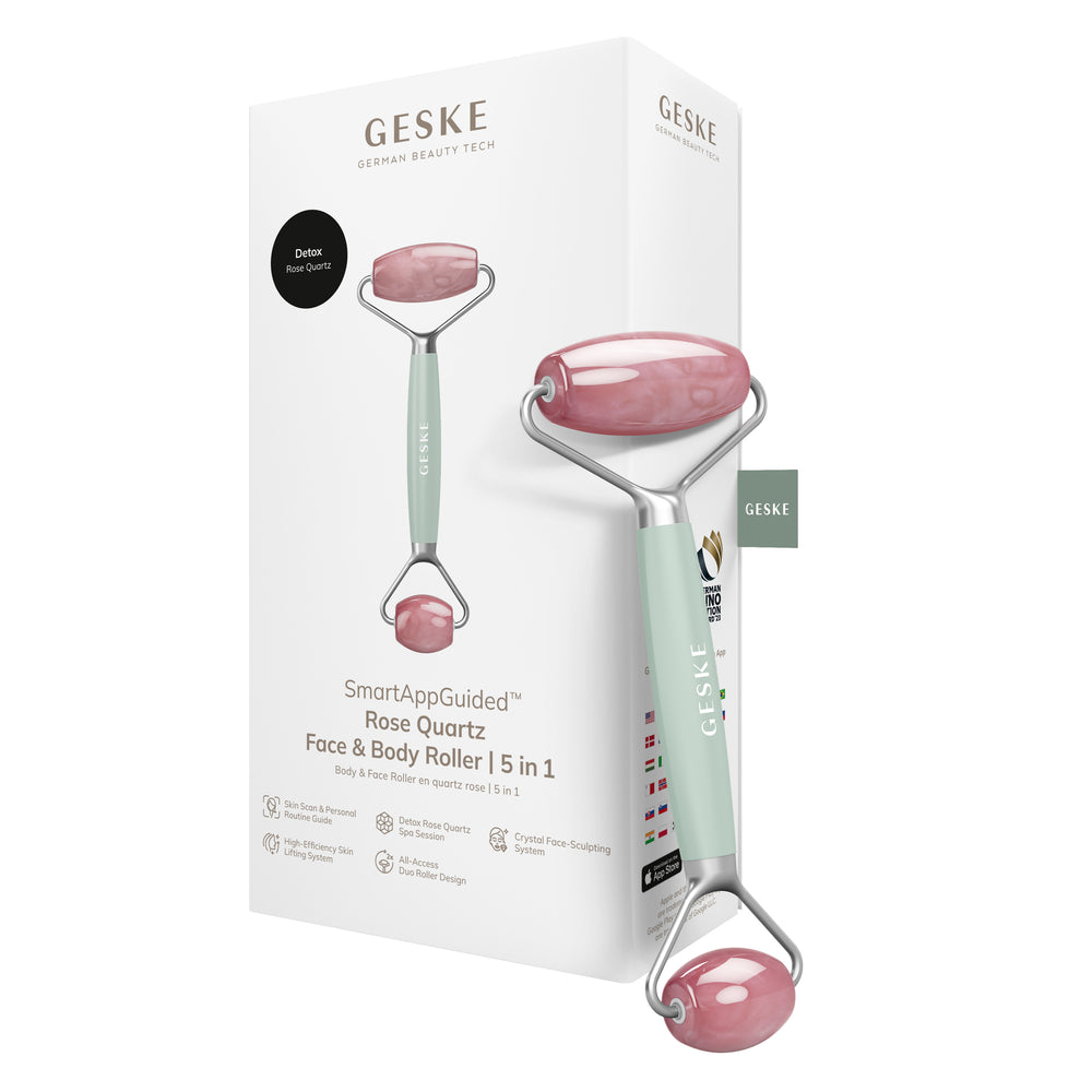 Ролер-масажер для обличчя та тіла з рожевим кварцом GESKE SmartAppGuided Rose Quartz Face & Body Roller 5in1 green