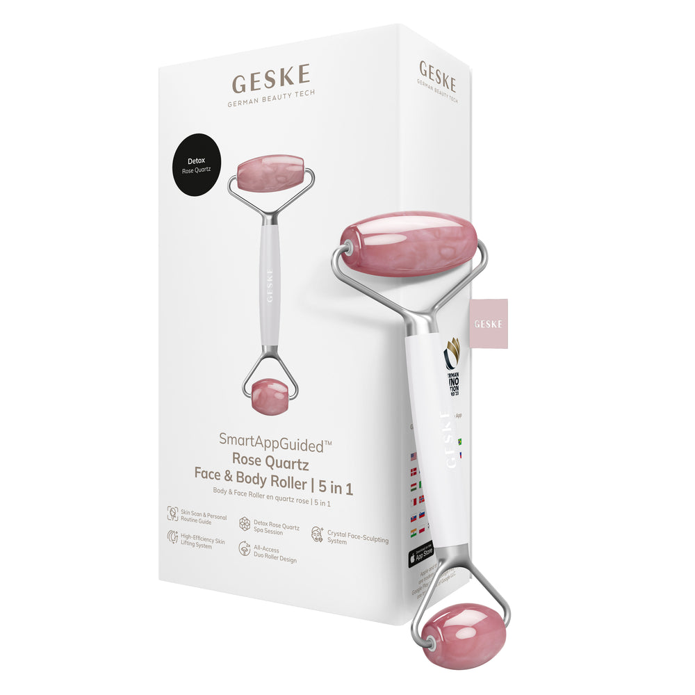 Ролер-масажер для обличчя та тіла з рожевим кварцом GESKE SmartAppGuided Rose Quartz Face & Body Roller 5in1 starlight
