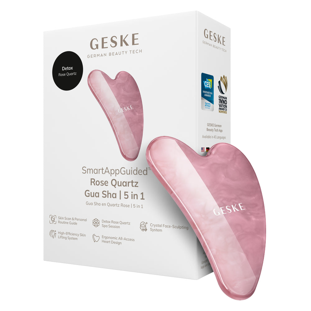 Масажер-скребок гуаша із рожевого кварцу GESKE SmartAppGuided Rose Quartz Gua Sha 5в1