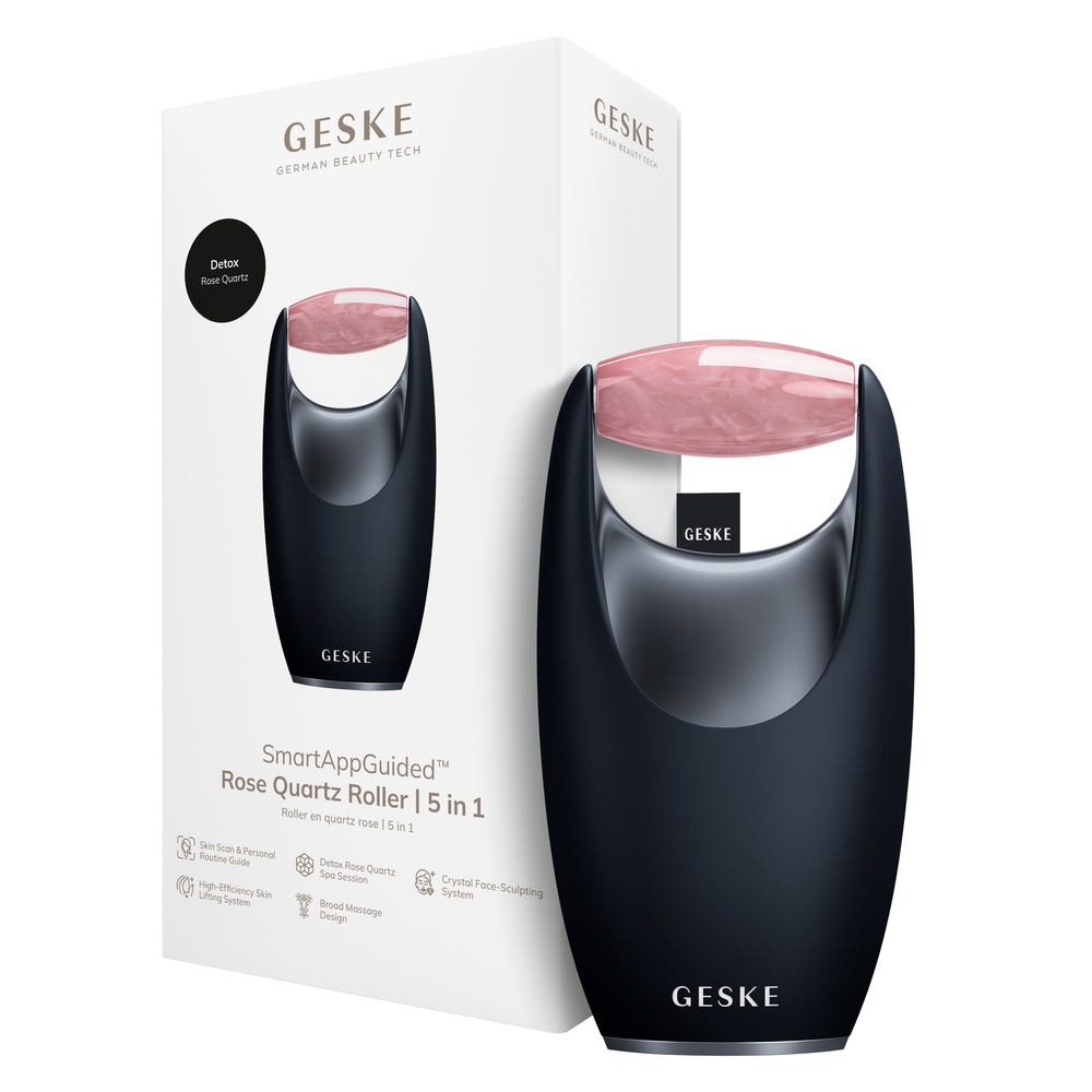 Ролер-масажер для обличчя з рожевим кварцом GESKE SmartAppGuided Rose Quartz Roller 5in1 black