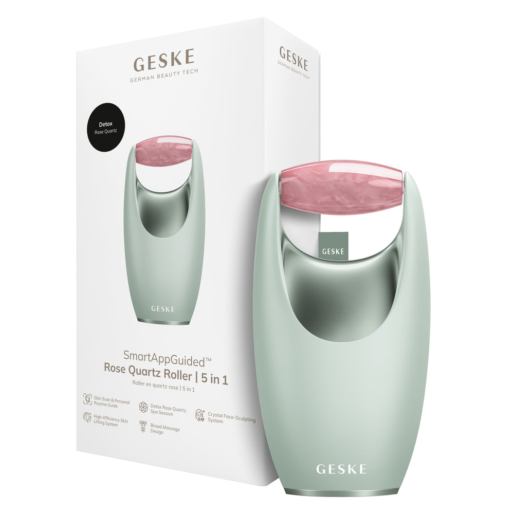 Ролер-масажер для обличчя з рожевим кварцом GESKE SmartAppGuided Rose Quartz Roller 5in1 green