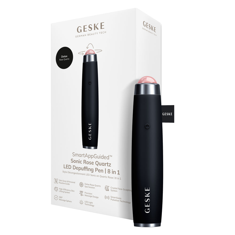 Ручка-масажер для обличчя з рожевим кварцом GESKE SmartAppGuided Sonic Rose Quartz LED Depuffing Pen 8in1 black
