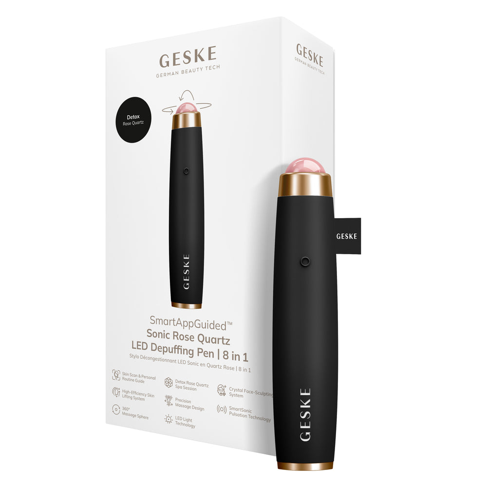 Ручка-масажер для обличчя з рожевим кварцом GESKE SmartAppGuided Sonic Rose Quartz LED Depuffing Pen 8in1 gray