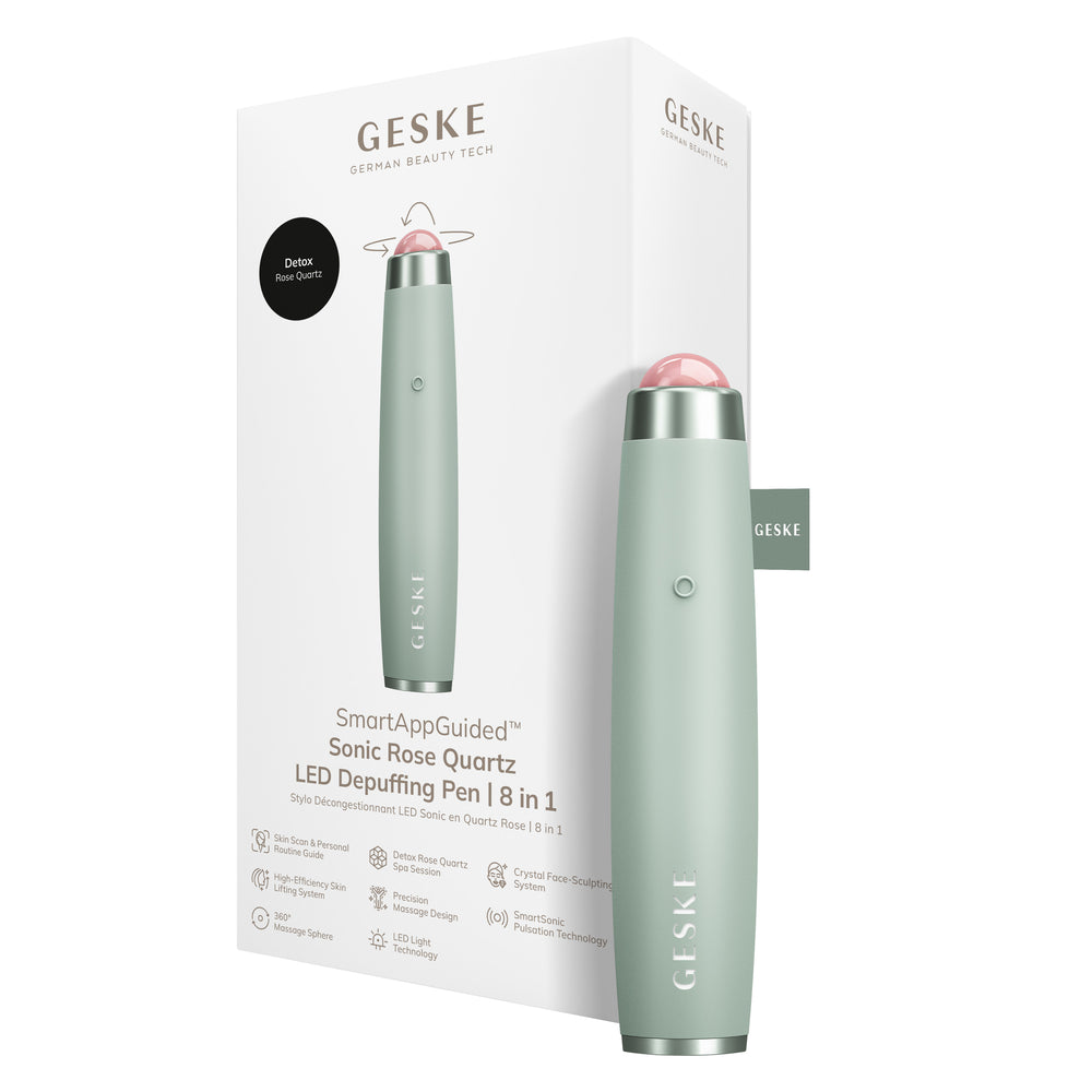Ручка-масажер для обличчя з рожевим кварцом GESKE SmartAppGuided Sonic Rose Quartz LED Depuffing Pen 8in1 green