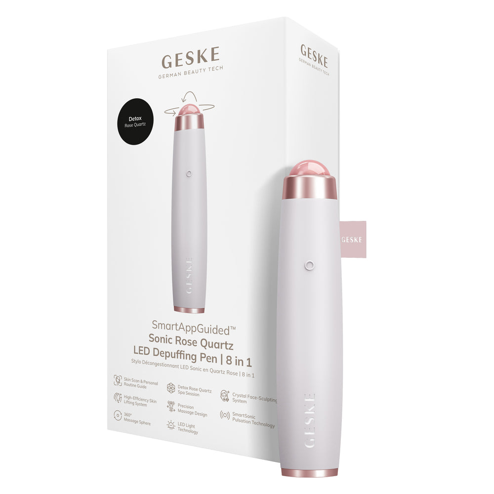 Ручка-масажер для обличчя з рожевим кварцом GESKE SmartAppGuided Sonic Rose Quartz LED Depuffing Pen 8in1 starlight