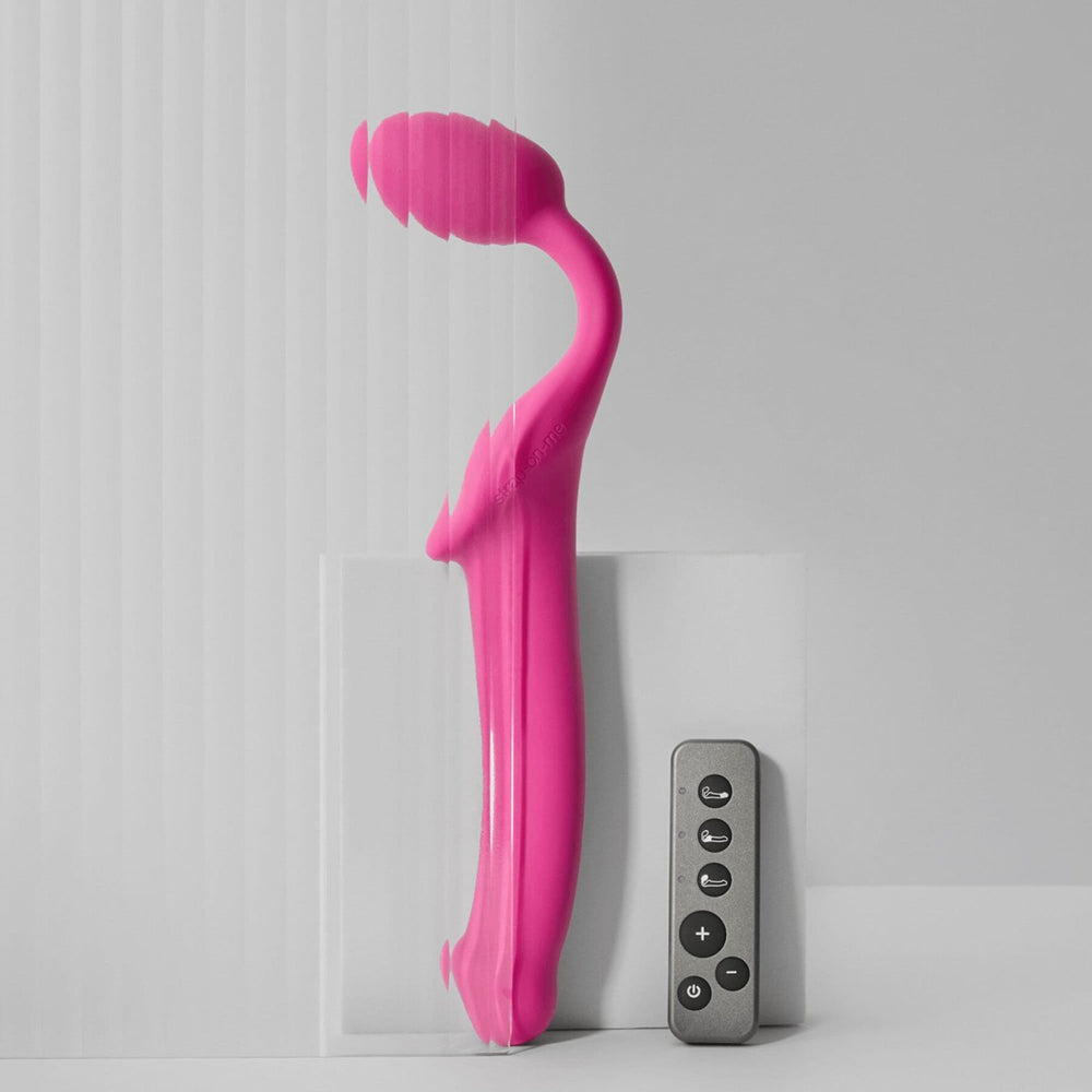 Безремінний страпон з вібрацією Strap-On-Me Vibrating Fuchsia L, діаметр 3,7см, пульт ДК, регульований
