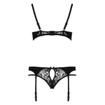 Комплект білизни Passion PAULINE SET L/XL, black, стрепи, ліф, стрінги і пояс для панчох
