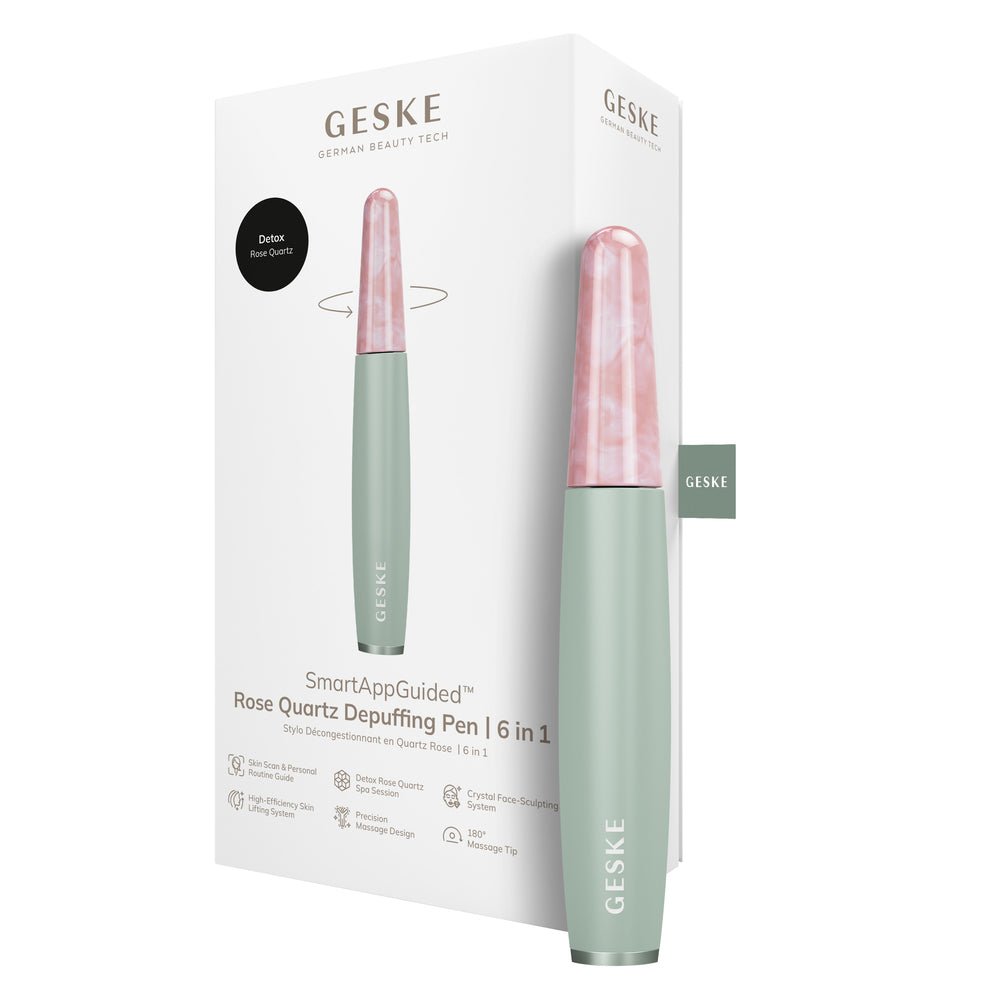 Ручка-масажер для обличчя з рожевим кварцом GESKE SmartAppGuided Rose Quartz & Depuffing Pen 6in1 green