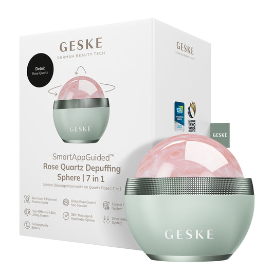 Кульковий масажер з рожевим кварцом GESKE SmartAppGuided Rose Quartz Depuffing Sphere 7in1 green