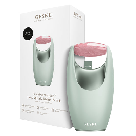 Ролер-масажер для обличчя з рожевим кварцом GESKE SmartAppGuided Rose Quartz Roller 5in1 green