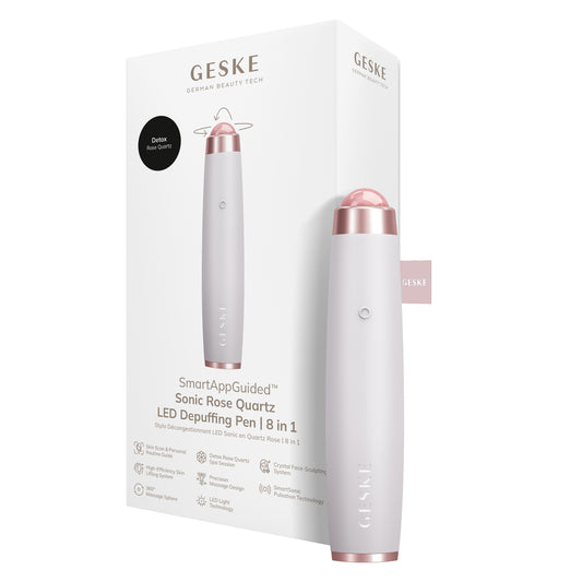 Ручка-масажер для обличчя з рожевим кварцом GESKE SmartAppGuided Sonic Rose Quartz LED Depuffing Pen 8in1 starlight