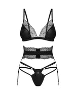 Комплект Obsessive Lobellis 3-pcs set, XS/S, чорний, ліф з м’якою чашкою, стрінги, пояс для панчіх