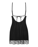 Пеньюар Obsessive Lobellis chemise & thong, XL/2XL, чорний, мереживне оздоблення, стрінги в комплекті