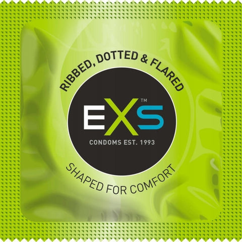 Презервативи EXS Ribbed, Dotted ребристі з пухирцями, зелені; 53 мм