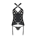 Сітчастий комплект із візерунком, корсет, підв'язки, трусики Passion HIMA CORSET XXL/XXXL black