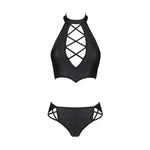 Комплект з еко-шкіри Passion NANCY BIKINI L/XL, black, бра та трусики з імітацією шнурівки