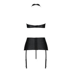 Комплект з еко-шкіри з імітацією шнурівки Passion NANCY SET L/XL black топ, трусики, пояс для панчіх