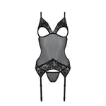 Корсет із підв’язками та ажурним ліфом Passion CHRISTA CORSET S/M, black, стрінги в комплекті
