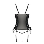 Сітчастий корсет з люверсами та знімними пажами Passion MALWIA CORSET S/M, black, екошкіра, стрінги