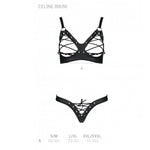 Комплект Passion CELINE BIKINI 2XL/3XL black відкритий бра з стрічками стрінги з шнурівкою, екошкіра