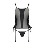 Сітчастий корсет з екошкіри Passion MALWIA CORSET 6XL/7XL black, з люверсами та знімними пажами