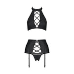 Комплект із екошкіри Passion NANCY SET 6XL/7XL black, імітація шнурівки, топ, пояс для панчіх