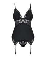 Сатиновий мереживний корсет Obsessive 810-COR-1 babydoll & thong S/M, чорний, корсет, танга