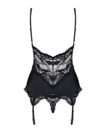 Сатиновий мереживний корсет Obsessive 810-COR-1 babydoll & thong S/M, чорний, корсет, танга