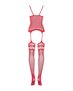 Бодістокінг Obsessive Bodystocking F214 red S/M/L, імітація корсета та панчіх на підв’язках