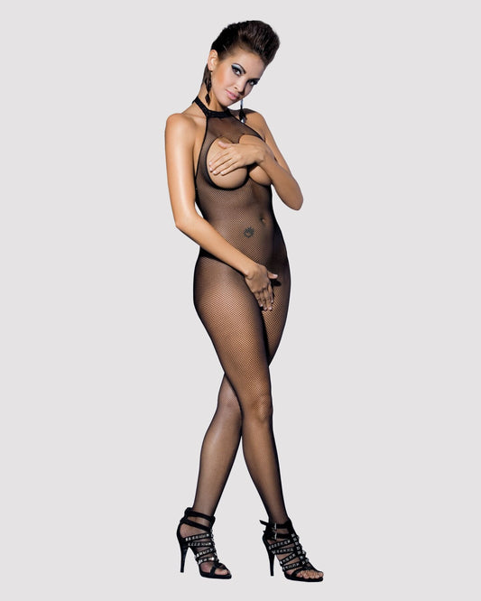 Бодістокінг із дрібної сітки з відкритими грудьми та доступом Obsessive Bodystocking N101 S/M/L