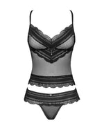 Напівпрозорий набір з прикрасами Obsessive Ivannes top & thong 2XL/3XL, чорний, топ та танга