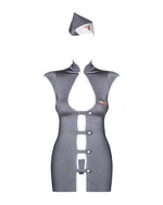 Еротичний костюм стюардеси Obsessive Stewardess 3 pcs grey L/XL, сірий, сукня, стрінги, пілотка