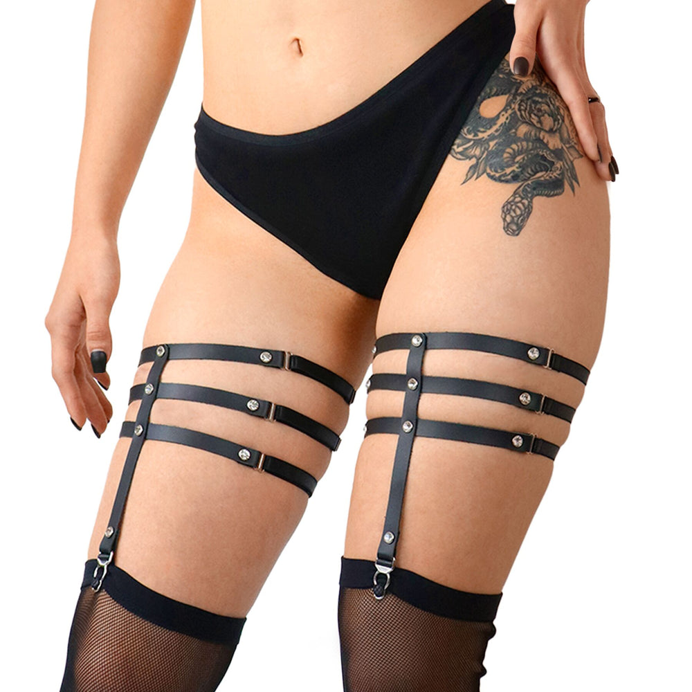 Гартери зі стразами Art of Sex - Floy, натуральна шкіра - 2XL