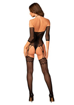 Нейлоновий бодістокінг з імітацією панчіх Obsessive Bodystocking G333 S/M/L, black, з доступом