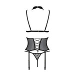 Корсет з відкритими грудьми Passion DOMINICA CORSET L/XL black, пажі для панчіх, стрінги