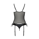 Корсет зі шнурівкою Passion NESSY CORSET L/XL black, стрінги з відкритим доступом, пажі для панчіх