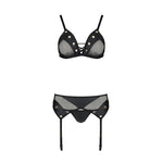Комплект білизни Passion NESSY SET XXL/XXXL black, бюстгальтер, пояс для панчіх, стрінги