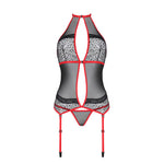 Корсет з пажами Passion SATARA CORSET L/XL red, стрінги, мереживо, застібки спереду та ззаду