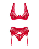 Комплект білизни Obsessive Lacelove cupless 3pcs set XS/S Red, бюстгальтер, стрінги, пояс для панчіх