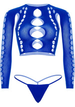Комплект безшовної білизни Leg Avenue Long sleeve crop top & string Royal Blue One Size, топ, стрінги