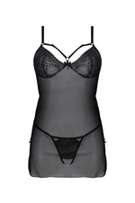 Пеньюар Passion DROSERA CHEMISE black, L/XL, мереживний ліф зі стрепами, трусики в комплекті