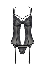 Корсет Passion DROSERA CORSET black, L/XL, з кріпленнями для панчіх, трусики в комплекті