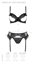 Комплект Passion KERRIA SET WITH OPEN BRA black, S/M, бюстгальтер з відкритою чашкою, стрінги, пояс для панчіх