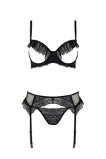 Комплект Passion KERRIA SET WITH OPEN BRA black, S/M, бюстгальтер з відкритою чашкою, стрінги, пояс для панчіх
