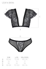 Комплект Passion LEAFA BIKINI black S/M, бюстгальтер-топ з рукавчиками, стрінги-шортики з вирізом